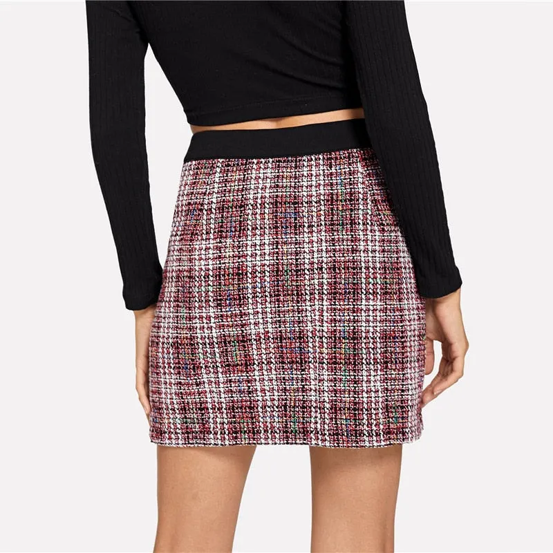 Trim Button Up  Colorblock Tweed Skirt