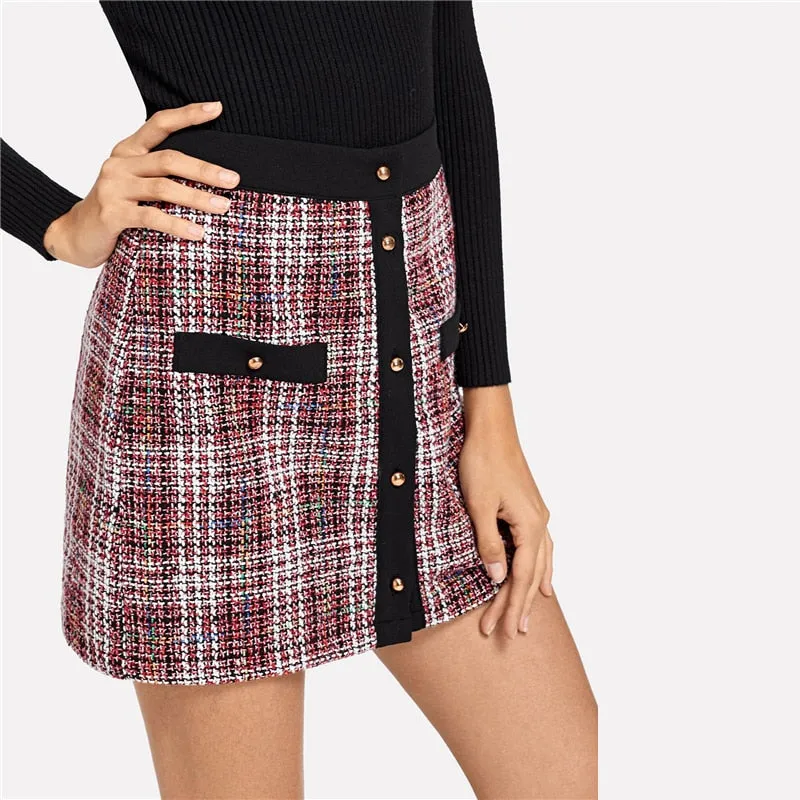 Trim Button Up  Colorblock Tweed Skirt
