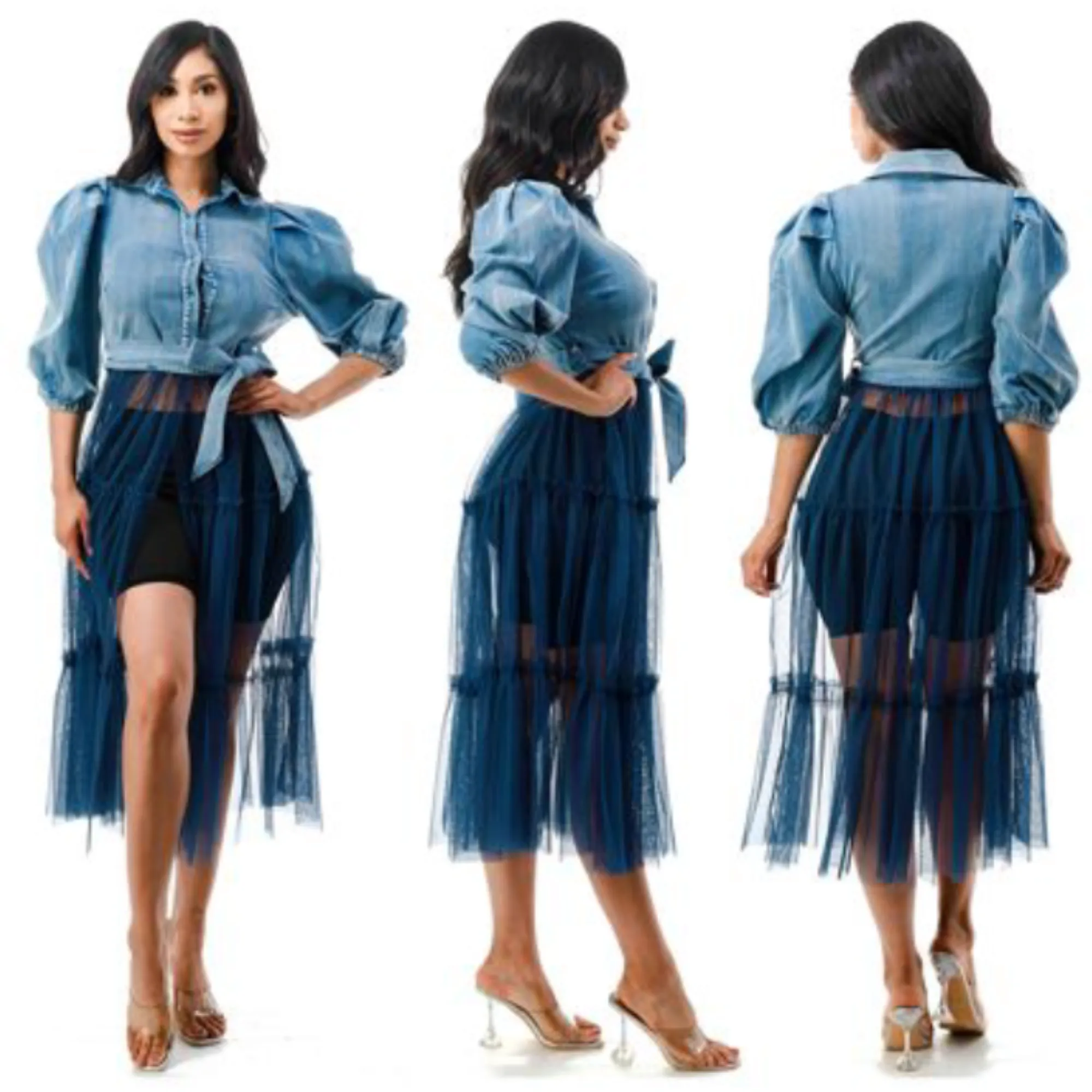 Tulle Long Smocked Maxi Top Blouse, Plus Size