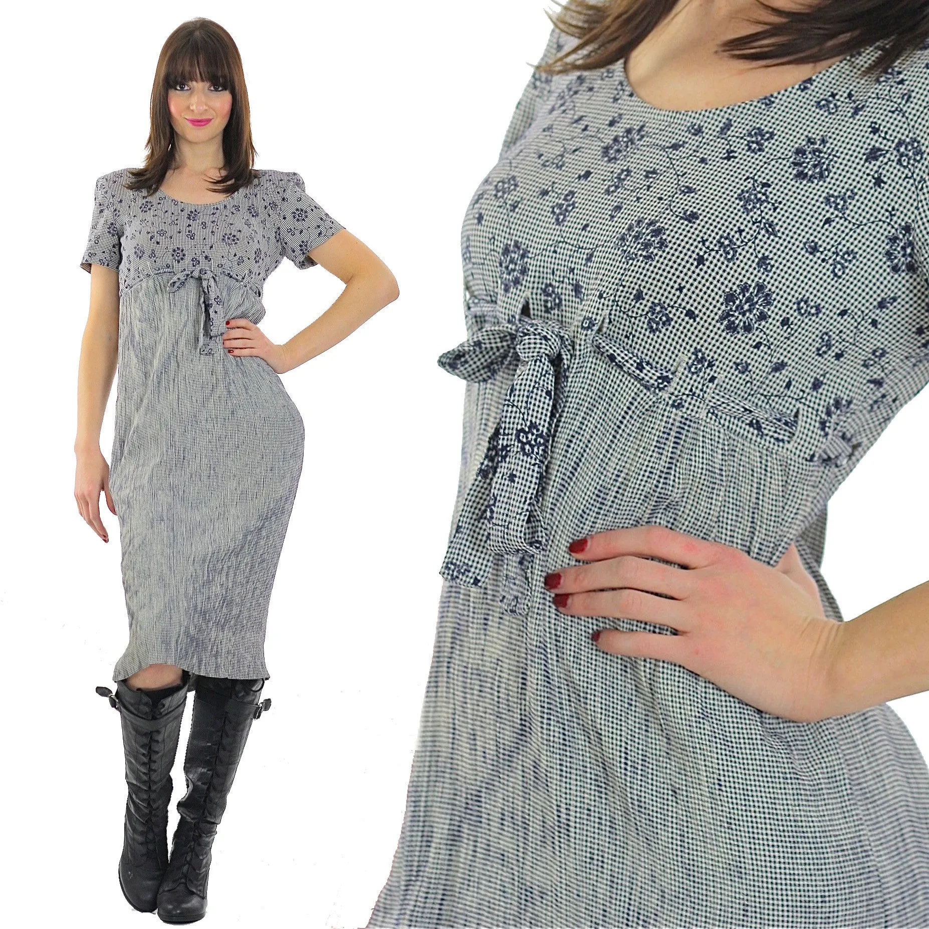 Vintage 90s Grunge Gingham check Floral maxi dress