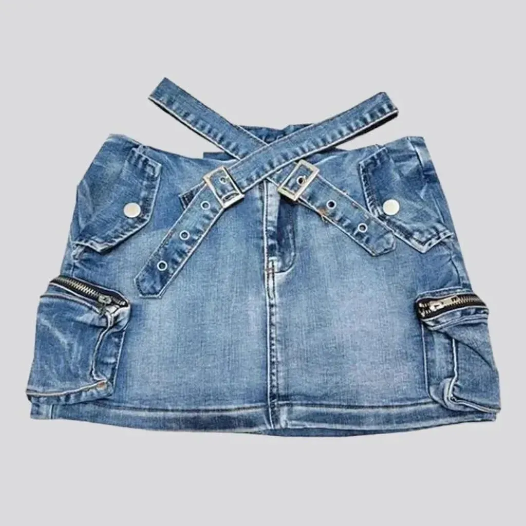 Vintage belted-waistline jean skort
